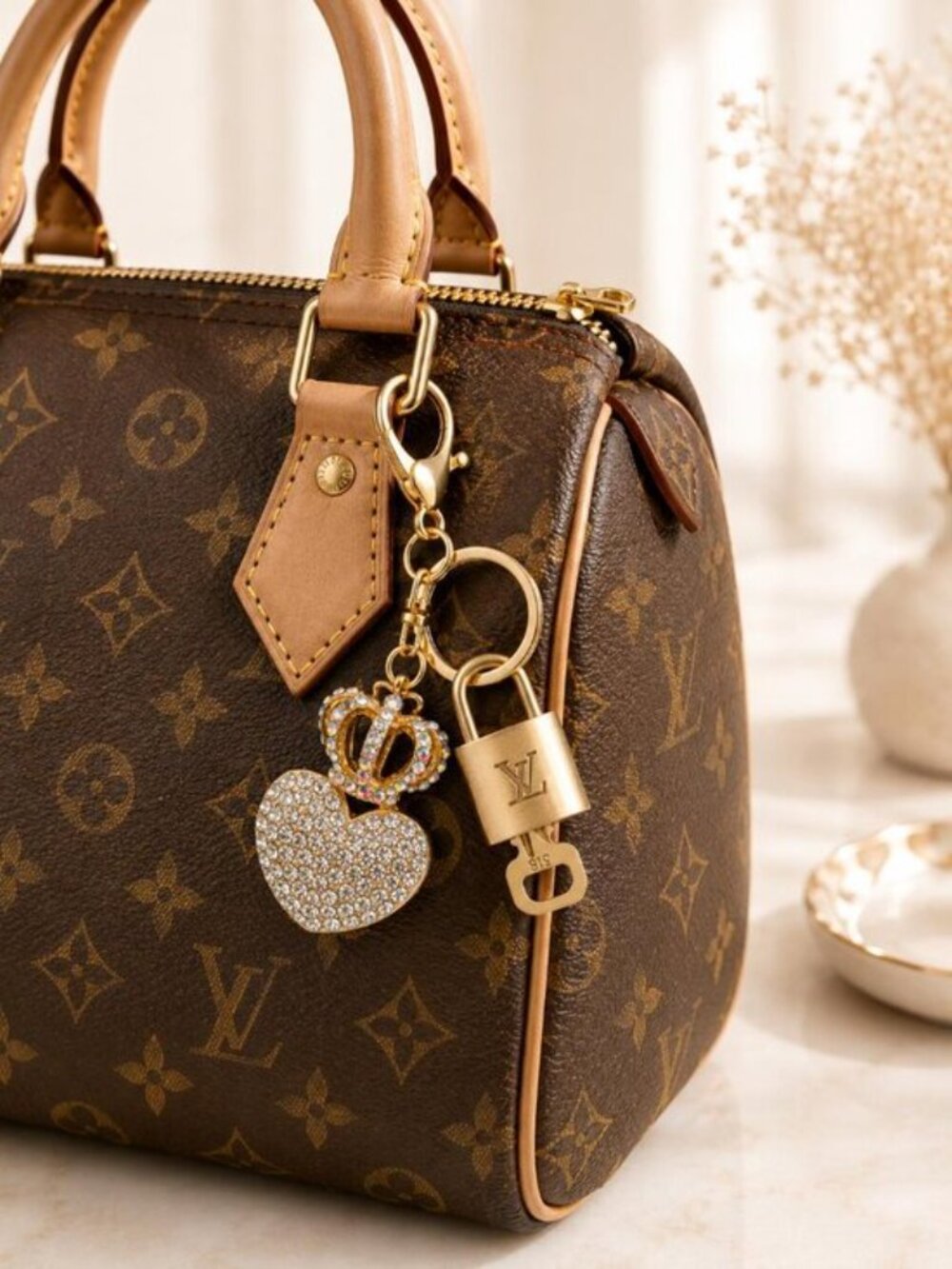 LV Gold Padlock ๐ Unbranded Crystal Crown Heart Keychain